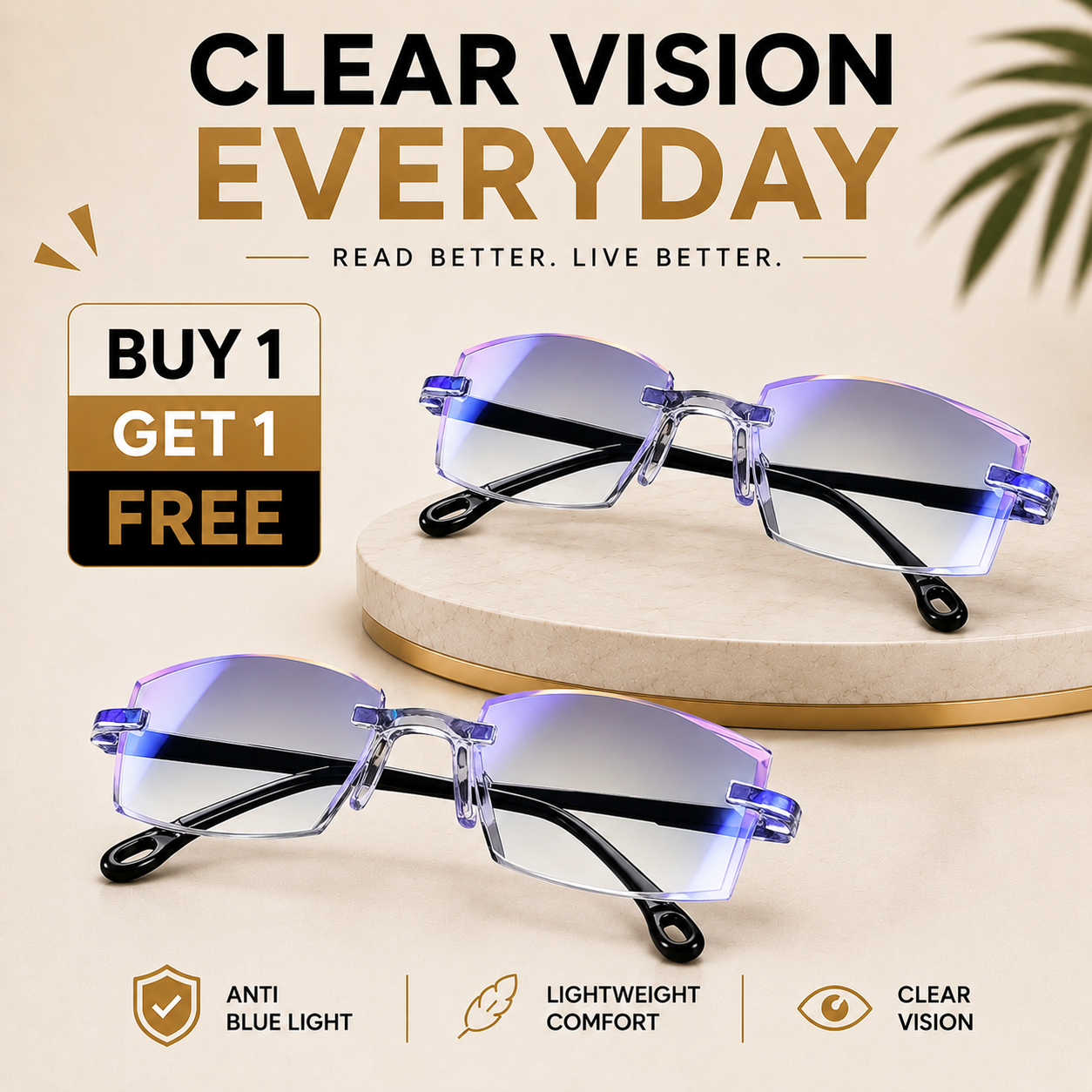 Buy One Get One Free - Rimless One Power Reading Glasses