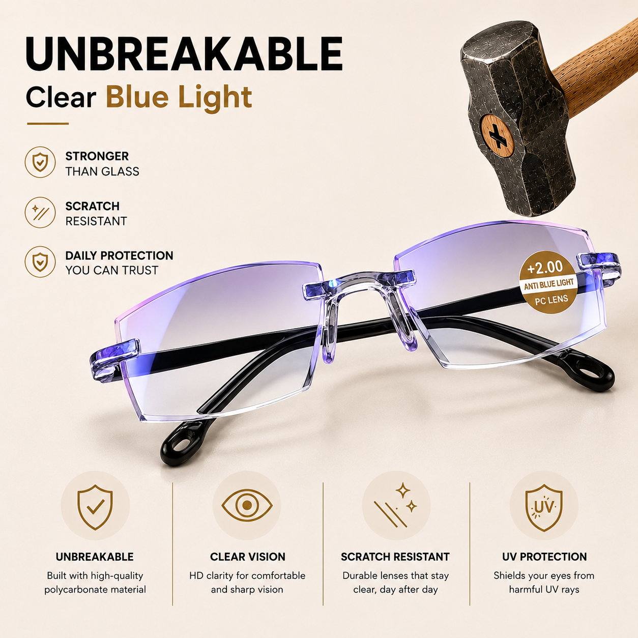Buy One Get One Free - Rimless One Power Reading Glasses