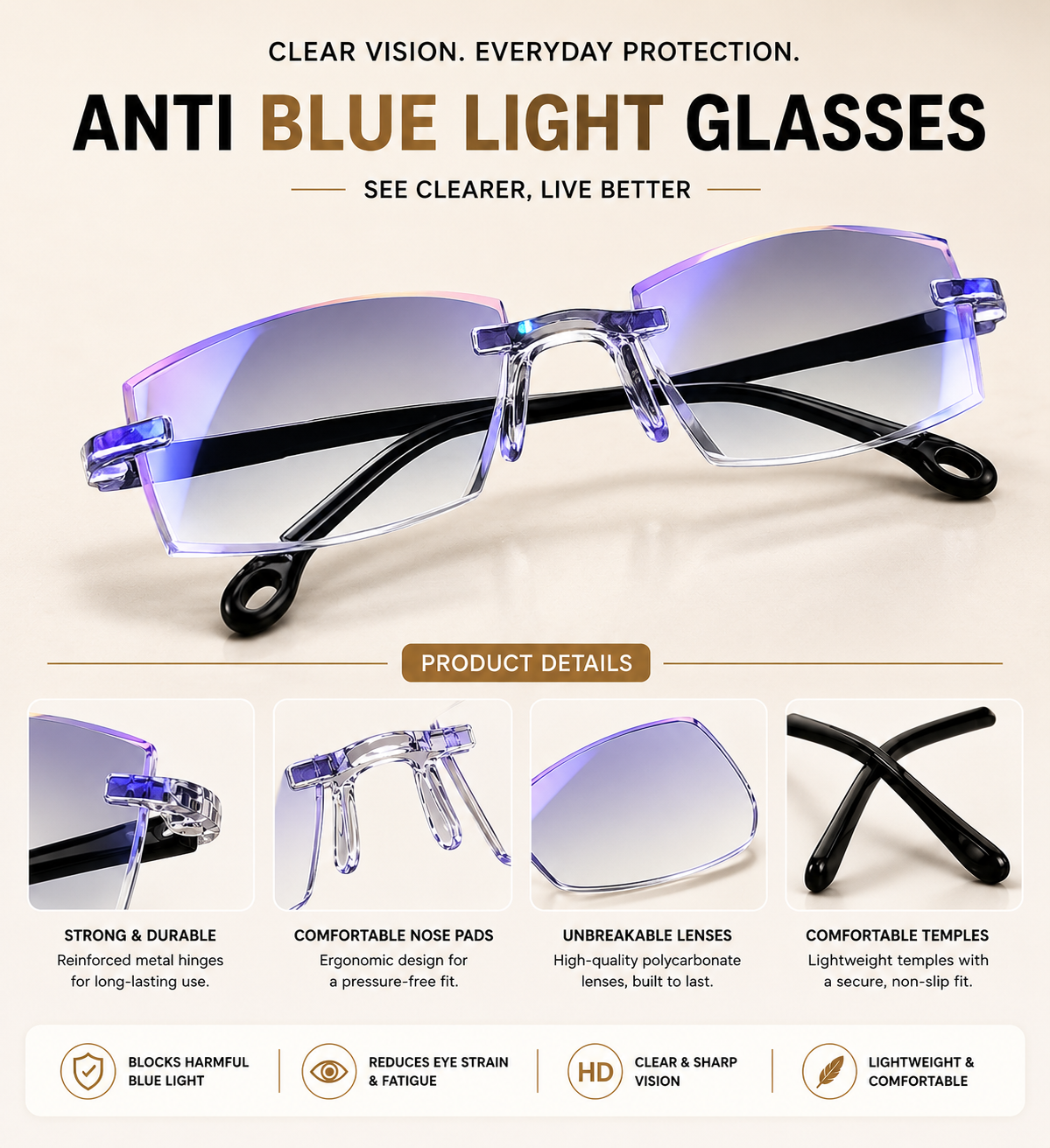Buy One Get One Free - Rimless One Power Reading Glasses