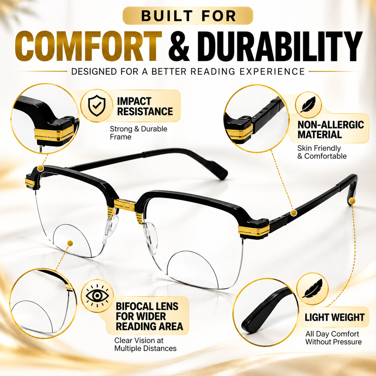 Stylish Black Golden Reading glasses For Men and Women (Buy 1 Get 2 Free)