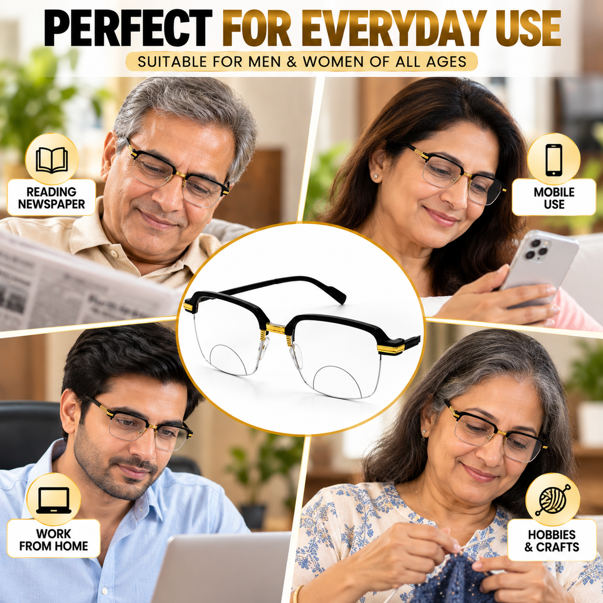 Stylish Black Golden Reading glasses For Men and Women (Buy 1 Get 2 Free)