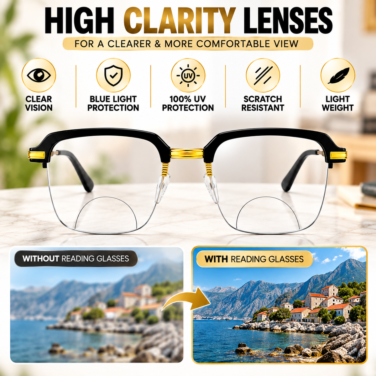 Stylish Black Golden Reading glasses For Men and Women (Buy 1 Get 2 Free)