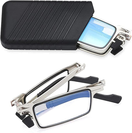 Foldable Metal Frame Rectangular Blue Block Glasses for Clear Vision(3.00)