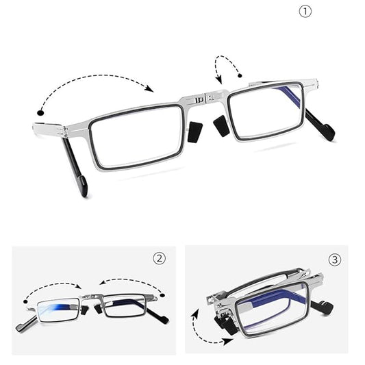 Foldable Metal Frame Rectangular Blue Block Glasses for Clear Vision(3.00)
